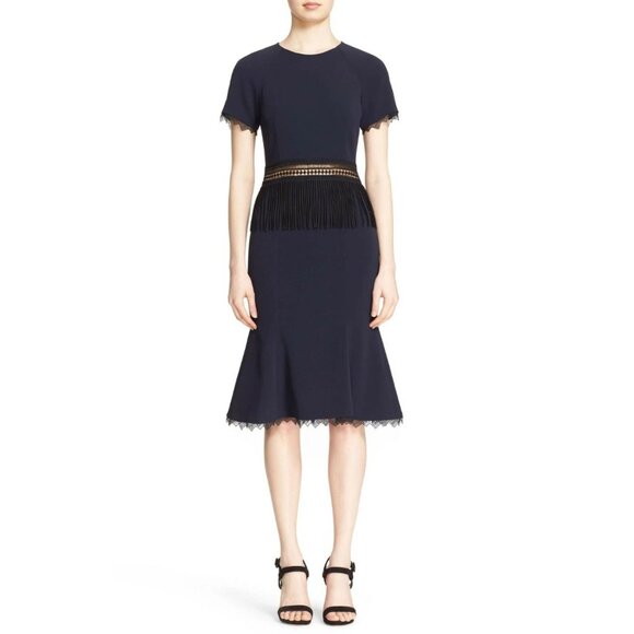 JONATHAN SIMKHAI Navy Blue Black Crochet Fringe Flare Bodycon Cocktail Size 10 - Picture 1 of 7